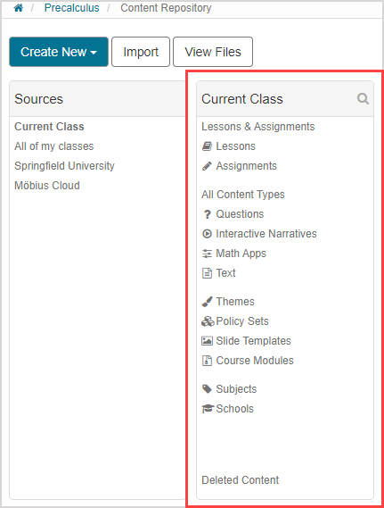 Current Class pane in the Content Repository